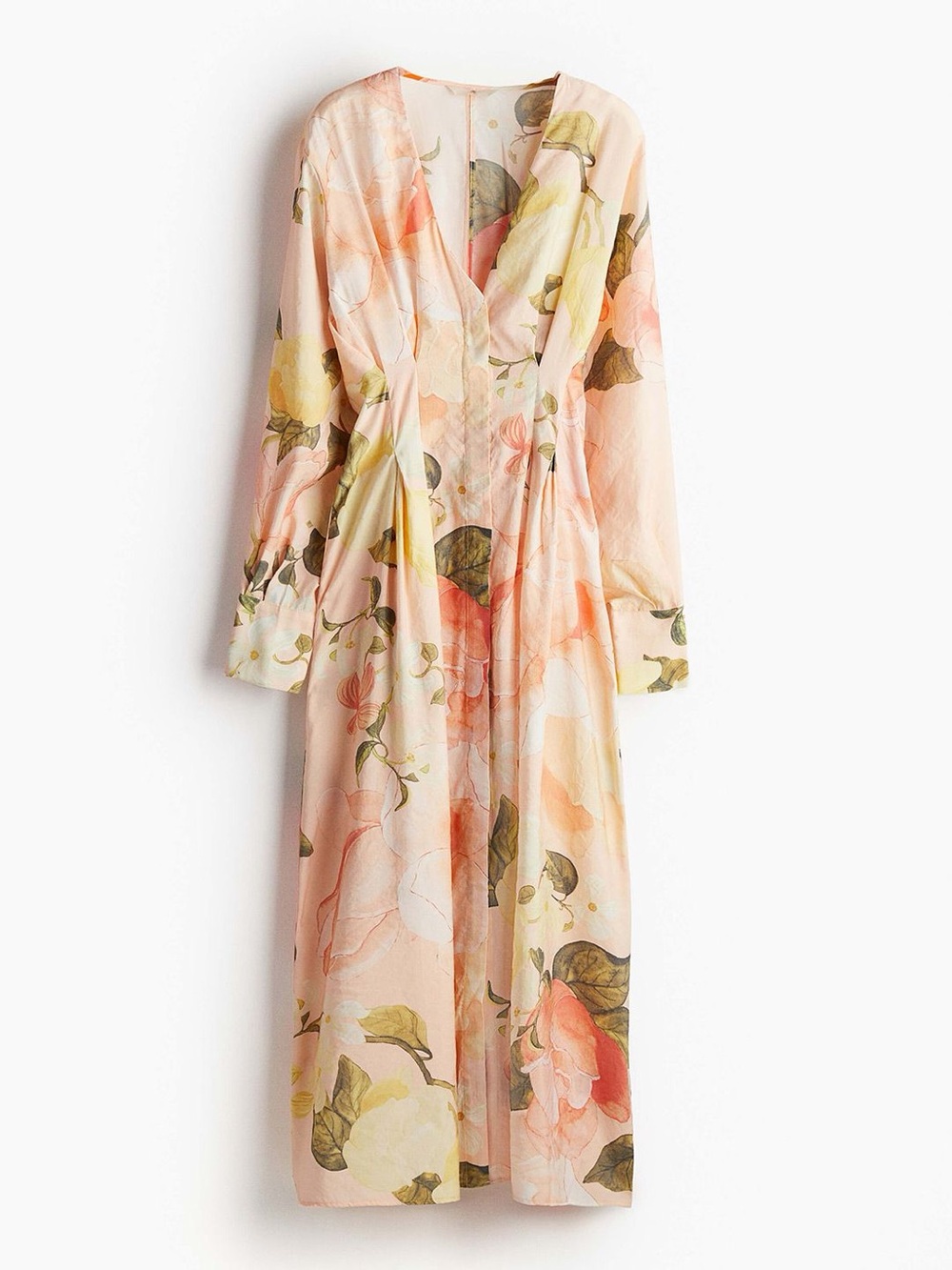 H&M floral printed dress button up long sleeve cream pink new - medium